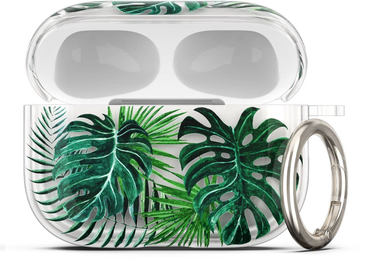 kwmobile Hoes compatibel met Apple Airpods Pro 3 Case - Zachte TPU beschermhoes - Cover in groen / transparant Tropische planten design — afbeelding 1