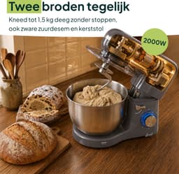 Vivid Green 2000W Keukenrobot - 6.2L - Display & Instelbare Timer - Mixer met Mengkom - Keukenmachine - Keukenmixer - Grijs — thumbnail 4