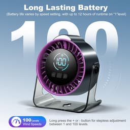 Ventilatoren-mini ventilator-Oplaadbare Tafelventilator met 100 Snelheden - Draagbare USB Ventilatoren-mini ventilator- met LED Display - 360° Draaibaar met Nachtlampje - 12 Uur Batterij - Stille Bureau Ventilator voor Kantoor, Slaapkamer en Camping — thumbnail 3