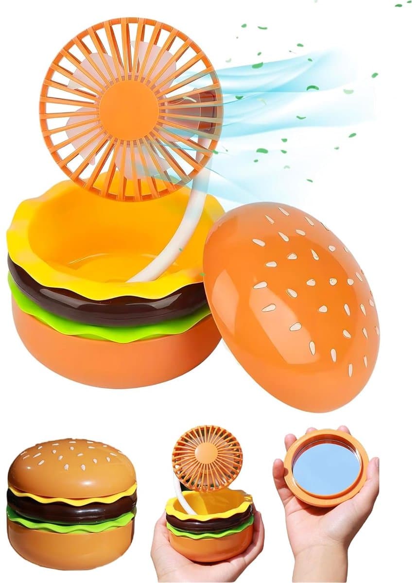 Hamburger Ventilator - Tafelventilator - Ingebouwde verborgen spiegel - 3 Snelheden - Kantelbaar - Draadloze Ventilator - Handventilator - Leuke - Binnen en buiten — afbeelding 1