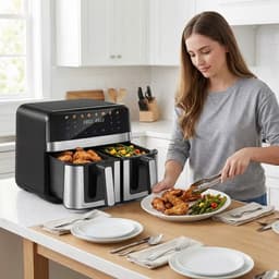 9.4L Airfryer met 2 Kamers & Kijkvenster – Dubbele Heteluchtfriteuse 8-in-1 – Touchscreen & Antiaanbak Mandjes — thumbnail 4