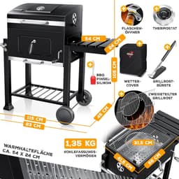 Houtskoolbarbecue XL Grillwagen met Deksel, Thermometer & Rookfunctie – House&Garden BBQ Houtskool Grill met Warmhoudrooster, Wielen, Opbergplanken, Aslade & Accessoires – Zwart — thumbnail 2