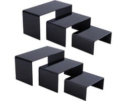 Zwarte acryl display stands in 3 maten voor popfiguren, tafeldecoraties en sieradenpresentatie