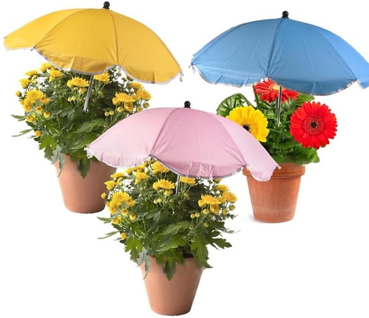 3 stuks plantenparaplu's voor buitenplanten, buigzame tuinparaplu's inclusief geel, roze en blauw voor tuinbedden, potgroenten en fruit — afbeelding 1