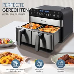 Digitale Airfryer XXL 9L Sinaopus 920 – Heteluchtfriteuse met Dubbele Mand en DualMand Onafhankelijke Snelle Opwarming – Voor Gezinnen – 8 Programma’s – LED Touchscreen – Kijkvenster – Makkelijk te Reinigen – Capaciteit voor 7 Personen — thumbnail 2