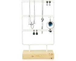 Oorhangerhouder met 36 Gaten voor Meisjes, Sieradenopslag en Displaystand met Houten Basis, 15 x 7 x 26 cm (Wit)