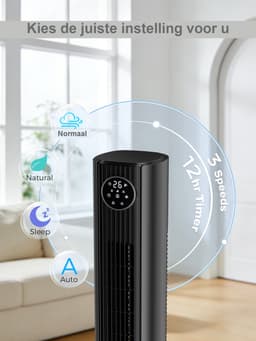 YASHE Torenventilator 90 cm - Stille ventilator zonder bladen vanaf 28 dB - 85 graden oscillatie - Afstandsbediening - 3 snelheden - 15-uurs timer - Zwart — thumbnail 4