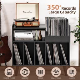 Platenspeler Tafel - Platenspeler Standaard - Vinyl Opbergkast voor 350+ Elpees - Retro Platenkast Mid-Century Modern - Vinyl Storage Meubel met Verstelbare Plank - Audiomeubel & Platenspeler Meubel - Platenhouder - Zwart — thumbnail 3