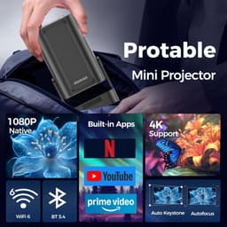 Mini Beamer 4K Ondersteuning – Native 1080P Projector met Android TV, Autofocus & Keystone, WiFi 6 & Bluetooth 5.4, Draagbaar met 180° Rotatie en Speaker — thumbnail 3