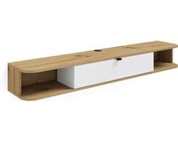 Tv meubel - Tv kast hangend - Woonkamer organiseren - Klapdeuren met metaalgreep - 156x29x20 cm - Wit eiken