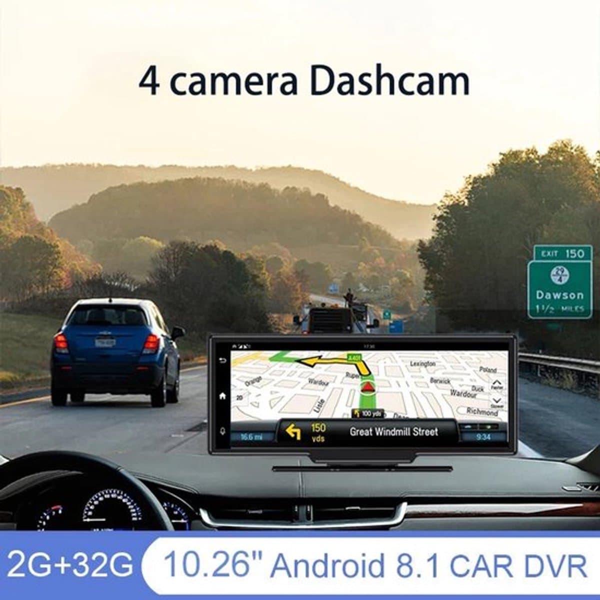Dashcam voor Auto - 10.26” Touchscreen Dashcam - 4 Camera’s - 4G Android 8.1 - 360° Panorama - GPS & ADAS - Parkeermodus - Zwart — afbeelding 1