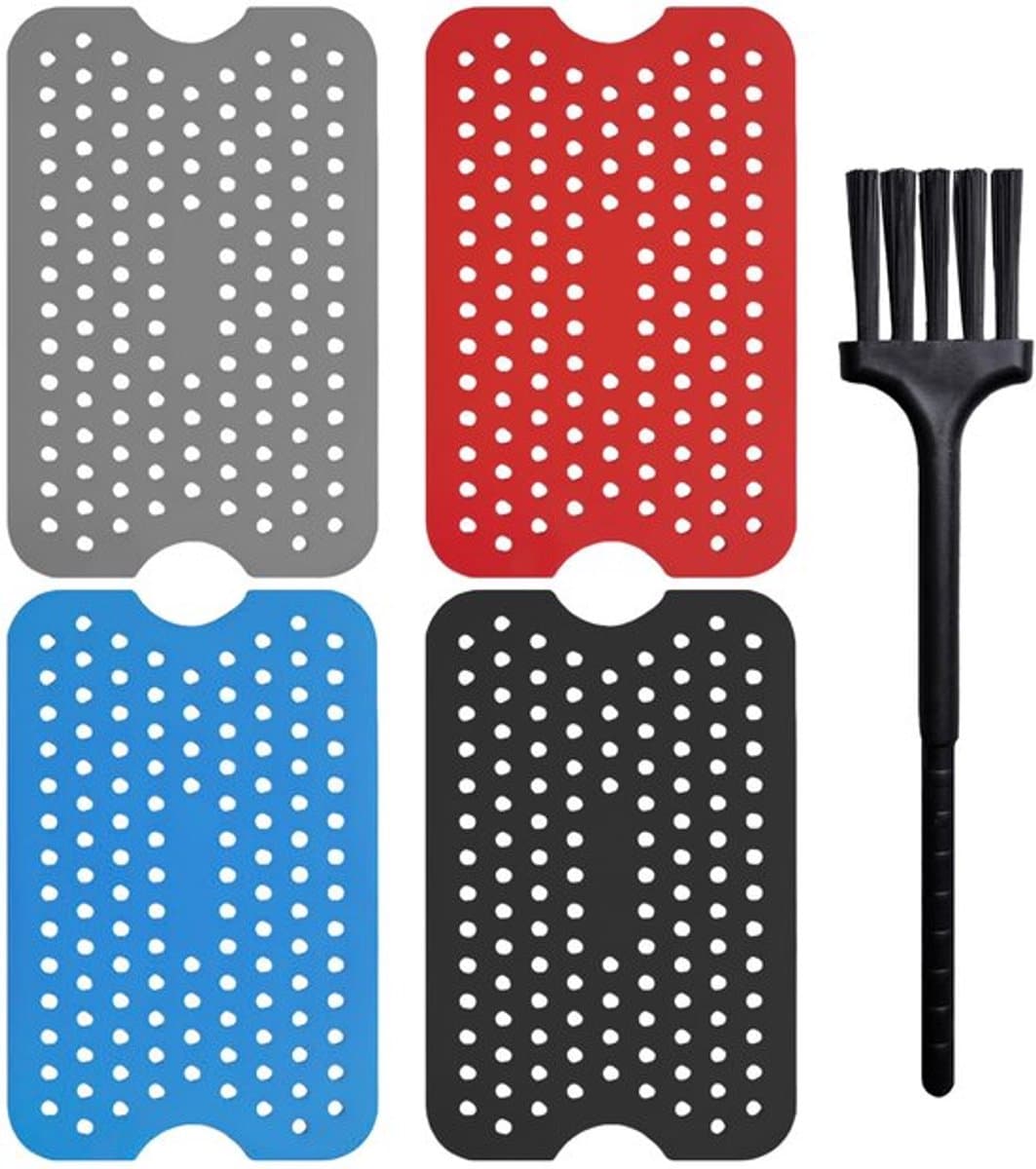 4 stuks siliconen friteuse matten met 1 borstel airfryer accessoires toren airfryer inserts friteuse matten airfryer matten airfryer oven (zwart, rood, blauw, grijs) — afbeelding 1