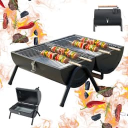 KINGHoff Grill - Draagbare Houtskoolbarbecue Grill - Camping BBQ met Deksel - Opvouwbare Tafelgrill - Reis BBQ met Ventilatie - Compacte Barbecue voor Balkon & Camping - Gepoedercoat Staal - ca. 41 x 25 x 38 cm - Zwart — thumbnail 1