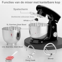 YASHE keukenmachine 1500W - 2 RVS mengkommen 4,5L en 5L - 10 snelheden + pulse - deeghaak, garde en klopper — thumbnail 4