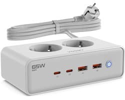 Voomy 65W Stekkerdoos - 2 USB-C & 2 USB-A Poorten - 2 Stopcontacten - Aan / Uit schakelaar - Snellader voor Laptop, Telefoon & Tablet - Oplader, Adapter, Verlengsnoer - Wit