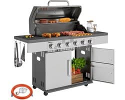 Gasbarbecue - Gasbarbecue en grill - 6 Branders - Met slang en thermometer - zilver
