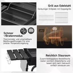 Houtskool BBQ - Smoker - Barbecues - Grill wagen met thermometer - Stevig - EU gecertificeerd - Zwart — thumbnail 5