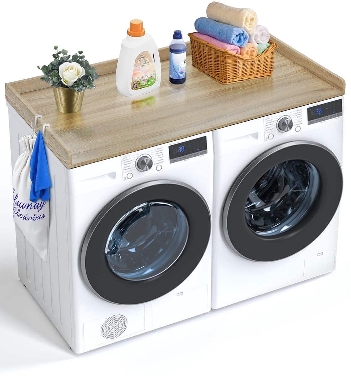 Wasmachine-Droger Werkblad, 54 x 27 inch, Hout, Waterafstotend met Anti-slip Pads, voor Wasorganisatie, Eiken — afbeelding 1