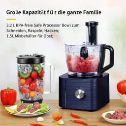 Keukenmachine - Hakmolen - Foodprocessor - Keukenmixer - Inc. 3.2L Mengkom - Deegkneden - Keukenmachine Hakmolen - 1.5L Mixer - Molen - Citruspers - Garde - Kunststof - 1100W - 40 x 27 x 40 cm - Donkerblauw — thumbnail 5