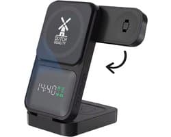 Dutch Quality® 3-in-1 Draadloze oplader (15W Snellader) met digitale klok – Met 1 meter USB-C kabel – Oplaadstation – Geschikt voor smartphones, Apple Watch en AirPods en Android - zonder adapter