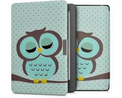 kwmobile e-reader hoesje geschikt voor Kobo Aura Edition 2 hoes - E reader flip case met magnetische sluiting - Ereader cover - Slapende Uil design in turquoise / bruin / mintgroen
