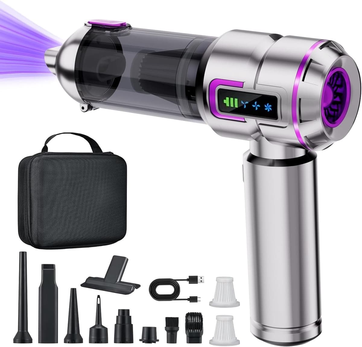 OKWISH Handstofzuiger – Auto Stofzuige – Krachtige Zuigkracht – Auto, Huis En Klein Ruimtes – LCD Scherm – 16 KPa – Kunststof – Zilver+Paars — afbeelding 1