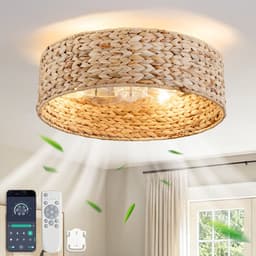 Plafondventilator met Verlichting 50x50x20 cm – Ventilatorlamp met LED-Verlichting – Minimalistisch – Rotan – Voor Slaapkamer – Koper — thumbnail 2
