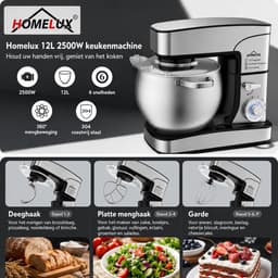 Homelux Keukenmachine 12L – Mixer met Mengkom RVS – Planetaire Mixer 2000W – Deegkneder – Keukenmixer met Garde & Klopper – — thumbnail 2