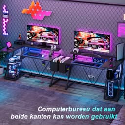 Gaming Bureau met LED Verlichting - 100 X 88 X 65 cm - L-Vormig Hoekbureau met Stopcontacten - Compact Game Bureau - Rek met 3 Niveaus - Met Monitor Standaard - Zwart Koolstofvezel — thumbnail 5