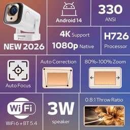 Mini Beamer Draagbaar - 330 ANSI Lumen Android 14 - 1920 x 1080 Full HD Resolutie - LED - Voor Thuisbioscoop — thumbnail 3