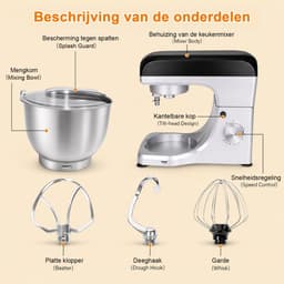 KITYTETY Keukenmachine 1000W - 8 Snelheden - Pulsfunctie - Multifunctionele mixer van met kom van 5 L - Menghaak Garde Deeghaak - Zilver — thumbnail 3