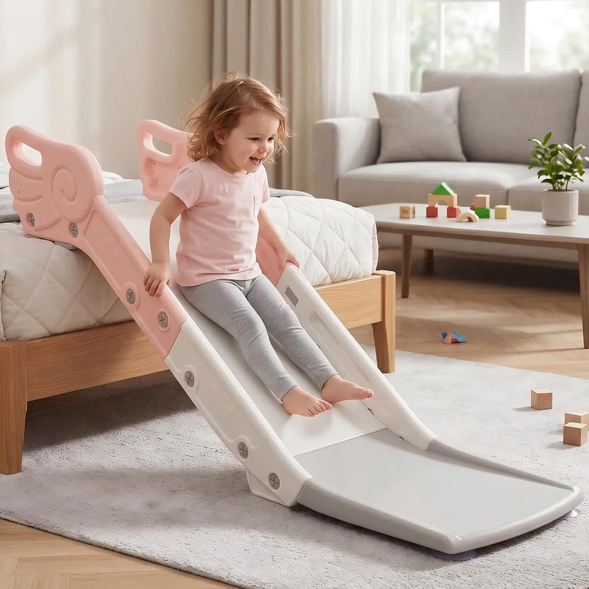 Bankglijbaan voor kinderen, kinderglijbaan voor bank en bed, indoor speelglijbaan voor jongens en meisjes jaar (lichtroze) — afbeelding 1