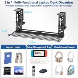 3-in-1 Laptop Houder Met Kabelbeheer en Hooftelefoonhaakjes - Verstelbare Onder-Bureau Organizer voor Thuis en Kantoor — thumbnail 3