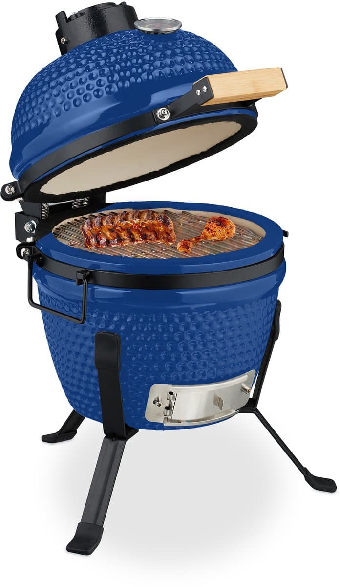 Kamado barbecue - Ø 26 cm - keramisch - met thermometer - deksel - blauw — afbeelding 1