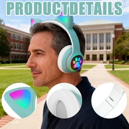 longziming Draadloze Kinder Koptelefoon – Cat Headphones met LED Oortjes – Bluetooth Hoofdtelefoon– Bluetooth 5.0 – Licht Groen – Met Verlichting – Opvouwbare opbergruimte – Groen en wit — thumbnail 7