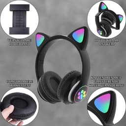 longziming Draadloze Kinder Koptelefoon – Cat Headphones met LED Oortjes – Bluetooth Hoofdtelefoon– Bluetooth 5.0 – Licht Groen – Met Verlichting – Opvouwbare opbergruimte – Zwart — thumbnail 3