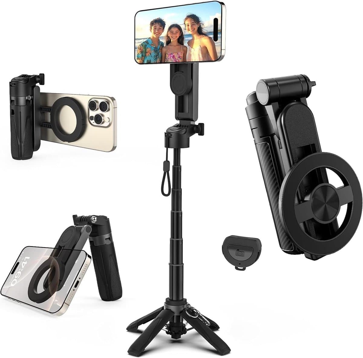 Selfie Stick - 4-in-1 multifunctionele magnetische selfiestick - 360° draaibaar telefoonstatief - met draadloze afneembare afstandsbediening, compatibel met de meeste telefoons - Telefoonhouder voor video-opname en vloggen - Draagbaar reizen — afbeelding 1