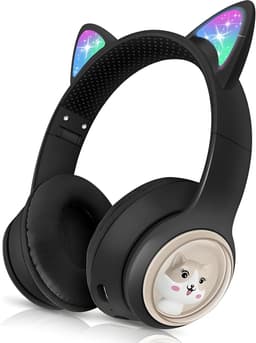 Kinder Bluetooth Oortjes - 85dB & Opvouwbaar - Met LED Kattenoren - Geschikt voor Tablet en PC (Zwart) — thumbnail 1