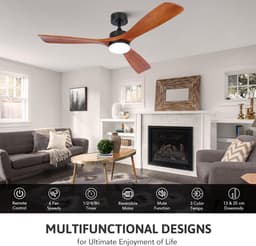 Plafondventilator met afstandsbediening - 132 cm Houten Ventilator met LED en Stille DC-motor voor Binnen en Buiten — thumbnail 5