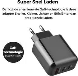 45W snellader GaN technologie - adapter USB A en USB C poorten - inclusief USB C naar USB C kabel 2 meter - geschikt voor Samsung Galaxy en iPhone 17 / 16 / 15 - zwart - WiseQ — thumbnail 7