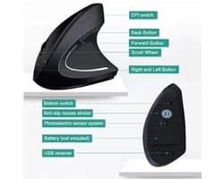 5D Verticale Ergonomische Muis – USB & 2.4GHz Draadloos, 6 Knoppen, Verstelbare DPI (800/1200/1600) – Comfortabele Staande Grip voor Laptop & PC