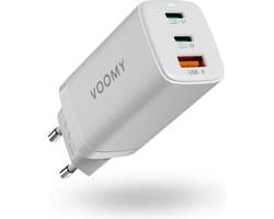 Voomy USB C Adapter 65W - Oplader - Snellader - USB C Lader - Universeel - 2 USB C & 1 USB A Poort - Geschikt voor Laptop, telefoon, tablets en meer - Wit