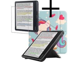 Hoes Geschikt voor Kobo Libra Colour Hoesje Bookcase Cover Book Case Hoes Sleepcover Trifold Met Screenprotector - Eenhoorn
