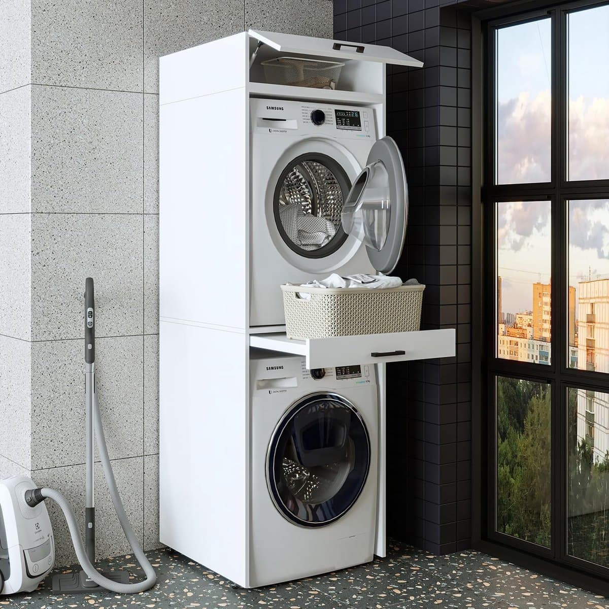 Wasmachinekast met Uittrekplank - Bovenbouw Kast voor Droger en Wasmachine - Wit en Zwart Eiken — afbeelding 1
