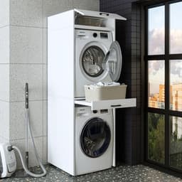 Wasmachinekast met Uittrekplank - Bovenbouw Kast voor Droger en Wasmachine - Wit en Zwart Eiken — thumbnail 1