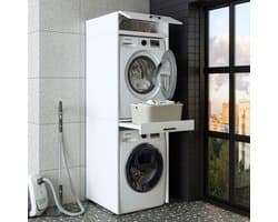 Wasmachinekast met Uittrekplank - Bovenbouw Kast voor Droger en Wasmachine - Wit en Zwart Eiken