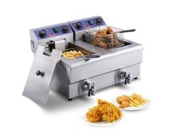 Professionele friteuse - Dubbele elektrische tafelmodel - Capaciteit 2 x 11 L - Vermogen 3000 W - RVS behuizing - Temperatuurregeling & timer - Dubbele tank & 2 manden - Zilver