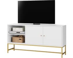 TV Kast Lowboard met 2 Deuren - Hout en Metaal - Wit en Goud - 120 cm Breed