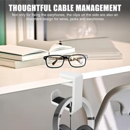 Koptelefoon standaard - Hoofdtelefoon hanger - Koptelefoon houder voor onder bureau - Headset hanger - Headset standaard - Opbergrek - Haken - met 360 graden draaibare haak en kabelclip - voor hoofdtelefoons, petten, brillen - wit — thumbnail 2