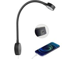 acegoo 12V Reading Light Camper LED Wall Reading Lamp Flexible Gooseneck DC12-24V Bed Interior Light with Dimmer Switch & Type-C Charger for Boat Van Cabin Caravan, Black (1pcs)